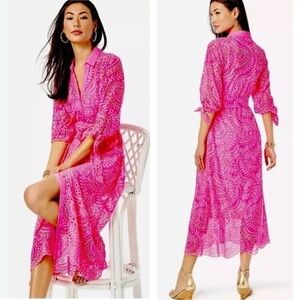 LILLY PULITZER Amrita Midi Eyelet Shirtdress Pink Island 10